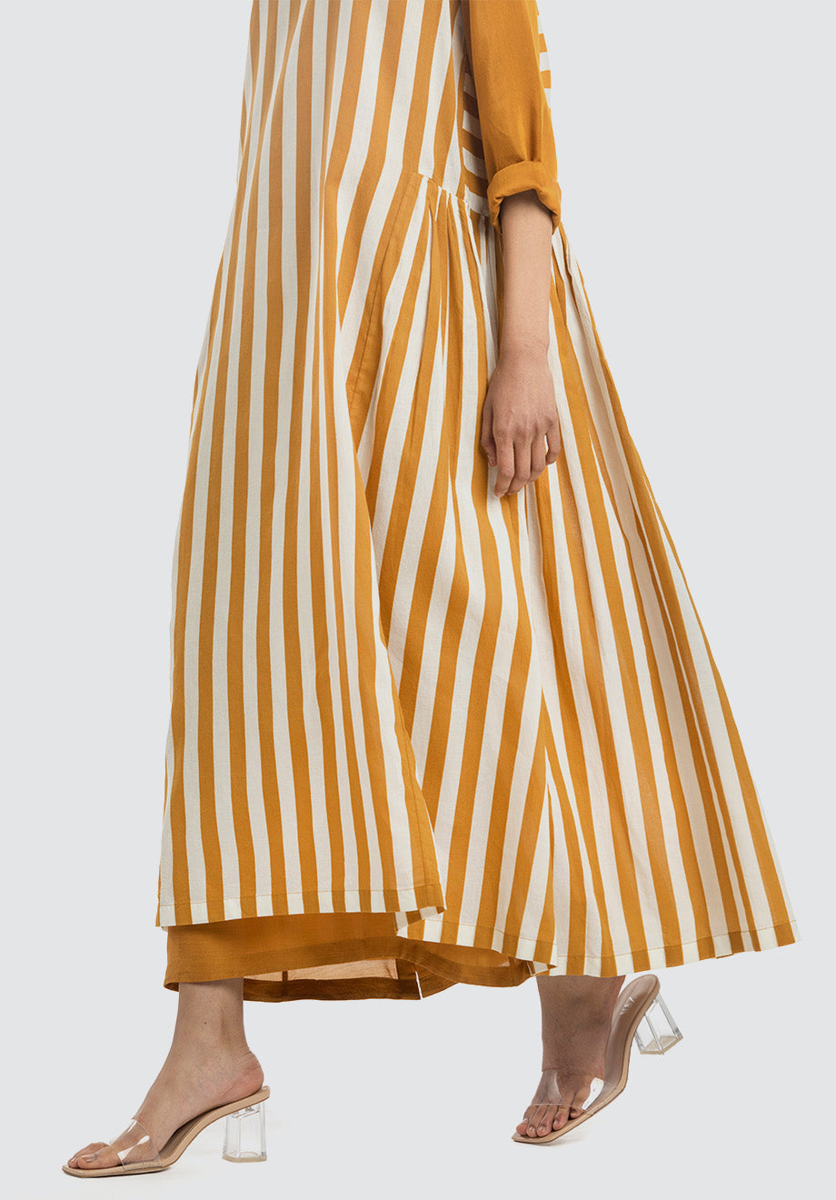 Side Gather Over Dress Co-Ord | Mustard Stripe