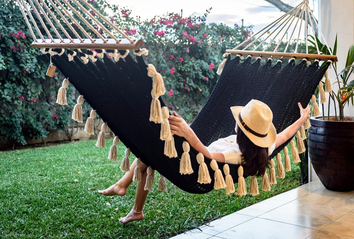 Boho Black Cotton Hammock with Tassels (Wooden Bar) - Plain Tiger