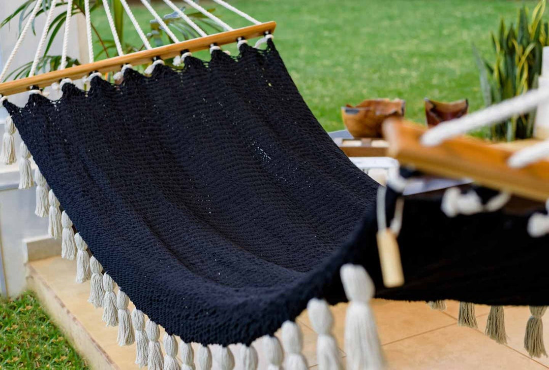 Boho Black Cotton Hammock with Tassels (Wooden Bar) - Plain Tiger