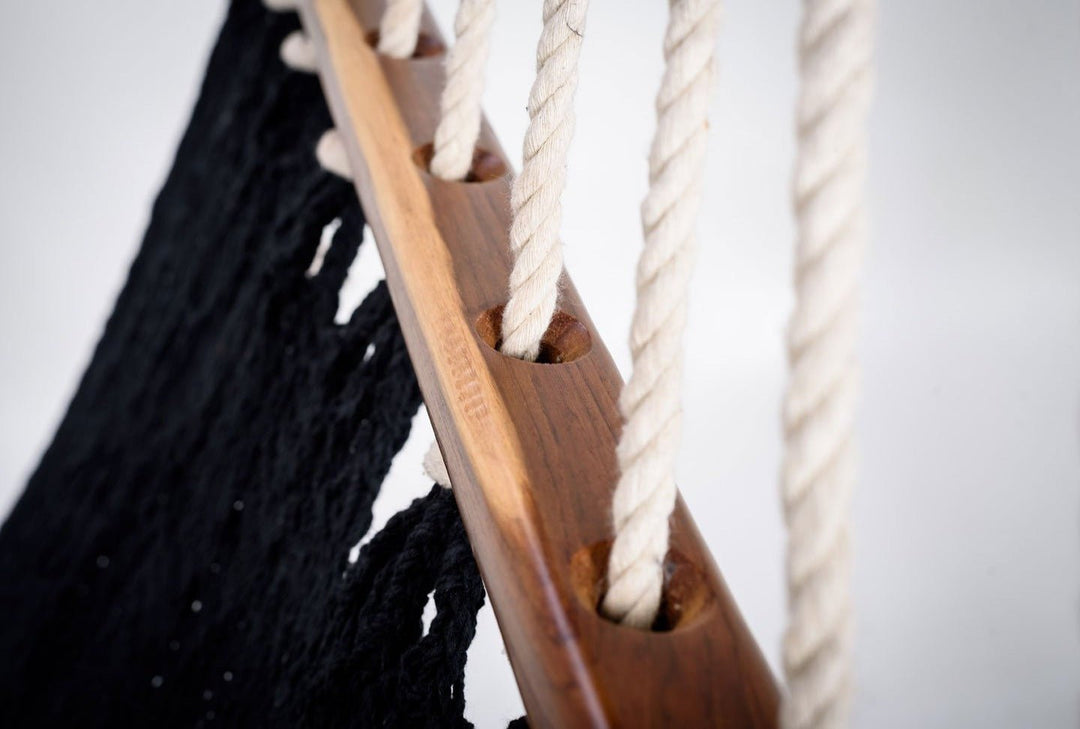 Boho Black Cotton Hammock with Tassels (Wooden Bar) - Plain Tiger