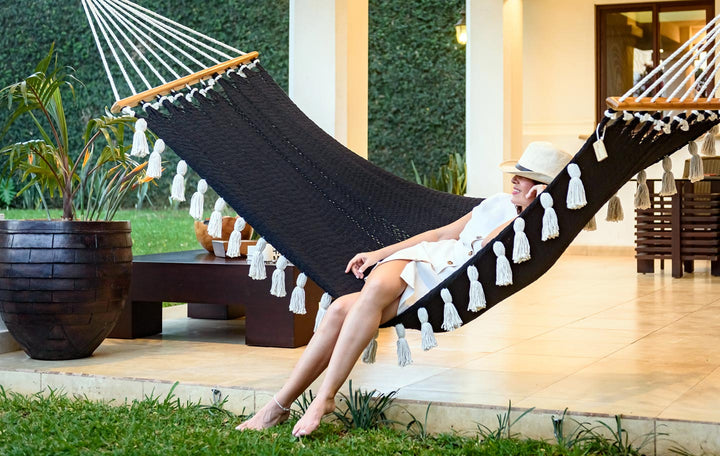 Boho Black Cotton Hammock with Tassels (Wooden Bar) - Plain Tiger