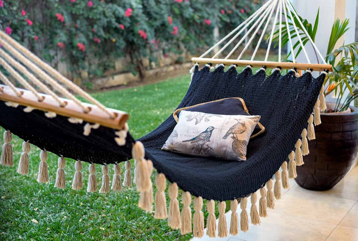 Boho Black Cotton Hammock with Tassels (Wooden Bar) - Plain Tiger