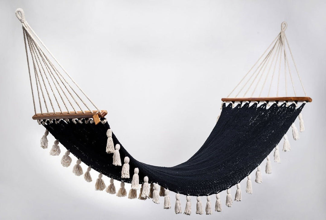 Boho Black Cotton Hammock with Tassels (Wooden Bar) - Plain Tiger