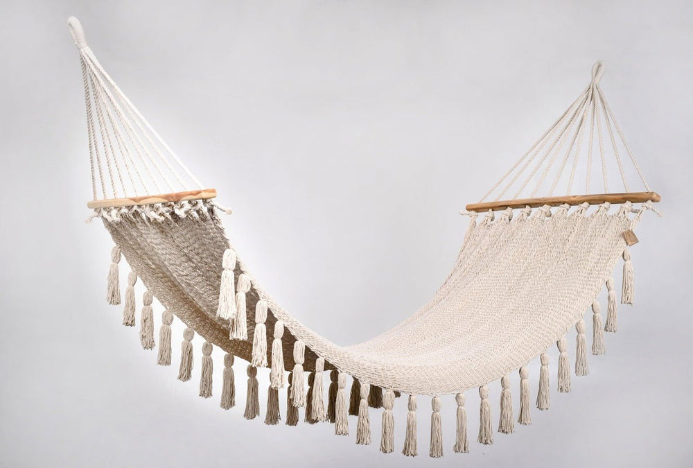 Boho Natural Cotton Hammock with Tassels (Wooden Bar) - Plain Tiger