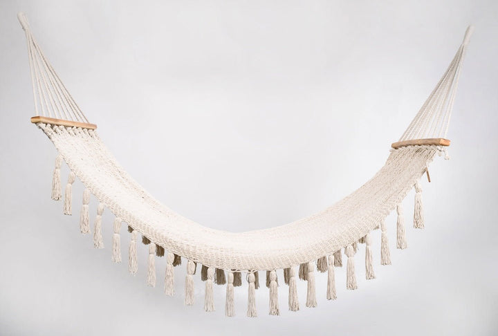 Boho Natural Cotton Hammock with Tassels (Wooden Bar) - Plain Tiger