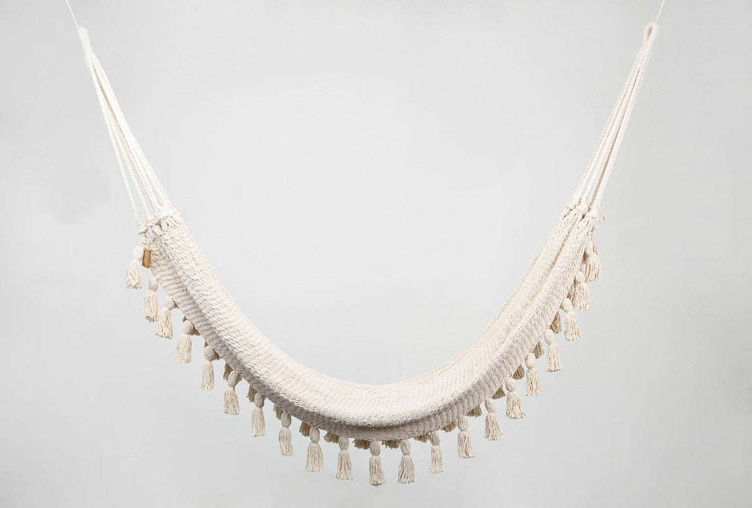 Boho Natural Cotton Hammock with Tassels (Wooden Bar) - Plain Tiger