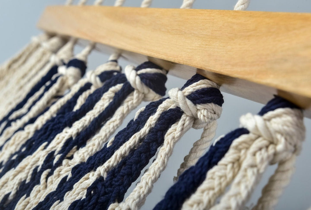 Colonial Navy Blue Cotton Hammock with Tassels (Wooden Bar) - Plain Tiger