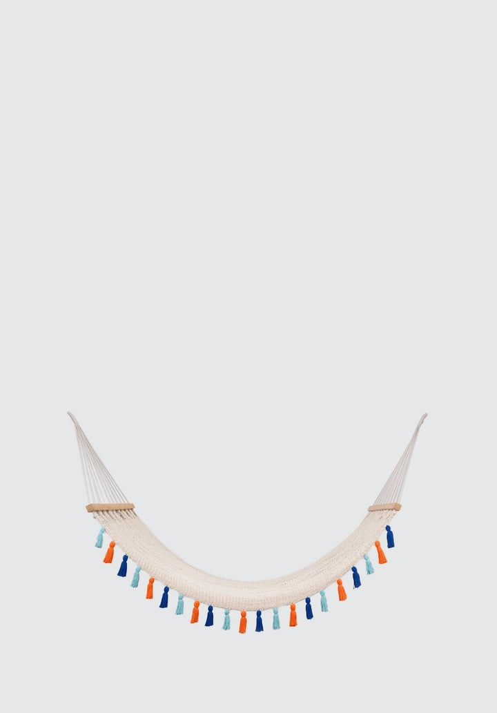 Deluxe Natural Cotton Hammock with Hue Inspired Tassels (Wooden Bar) - Plain Tiger