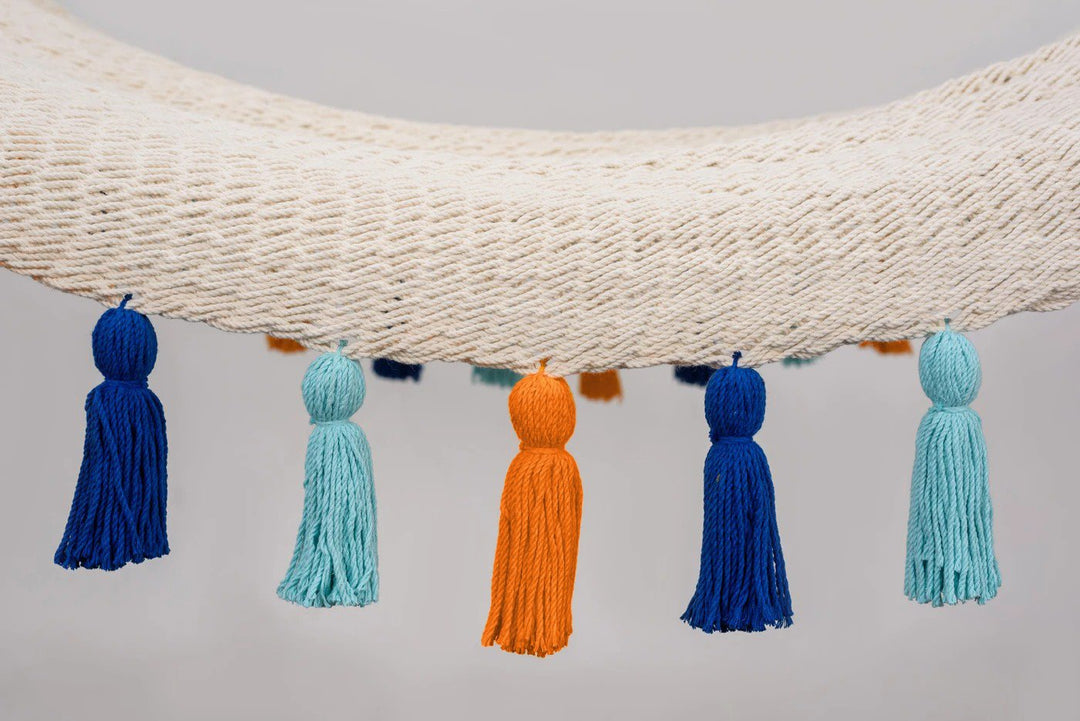 Deluxe Natural Cotton Hammock with Hue Inspired Tassels (Wooden Bar) - Plain Tiger