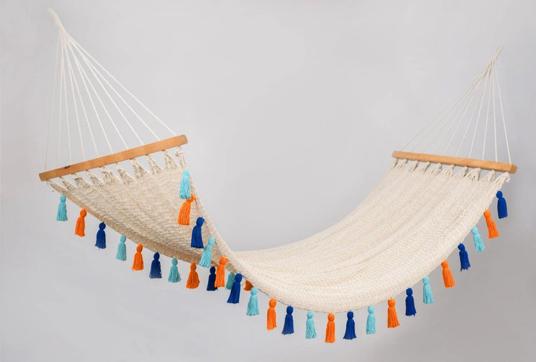 Deluxe Natural Cotton Hammock with Hue Inspired Tassels (Wooden Bar) - Plain Tiger