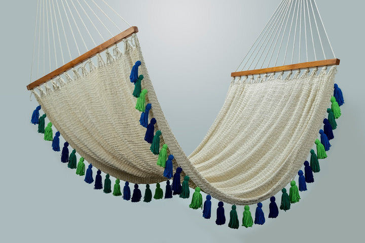 Deluxe Natural Cotton Hammock with Rainforest Inspired Tassels (Wooden Bar) - Plain Tiger