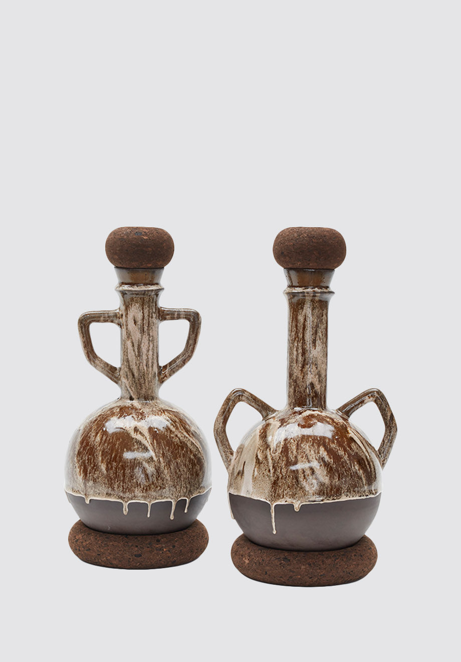Round Black Clay and Cork Vases, with Handles