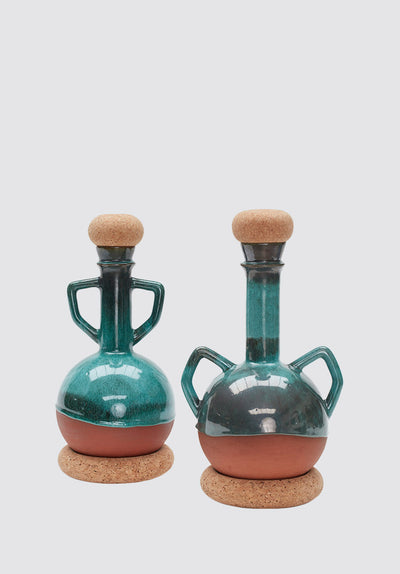 Round Terracotta Clay and Cork Vases, with Handles