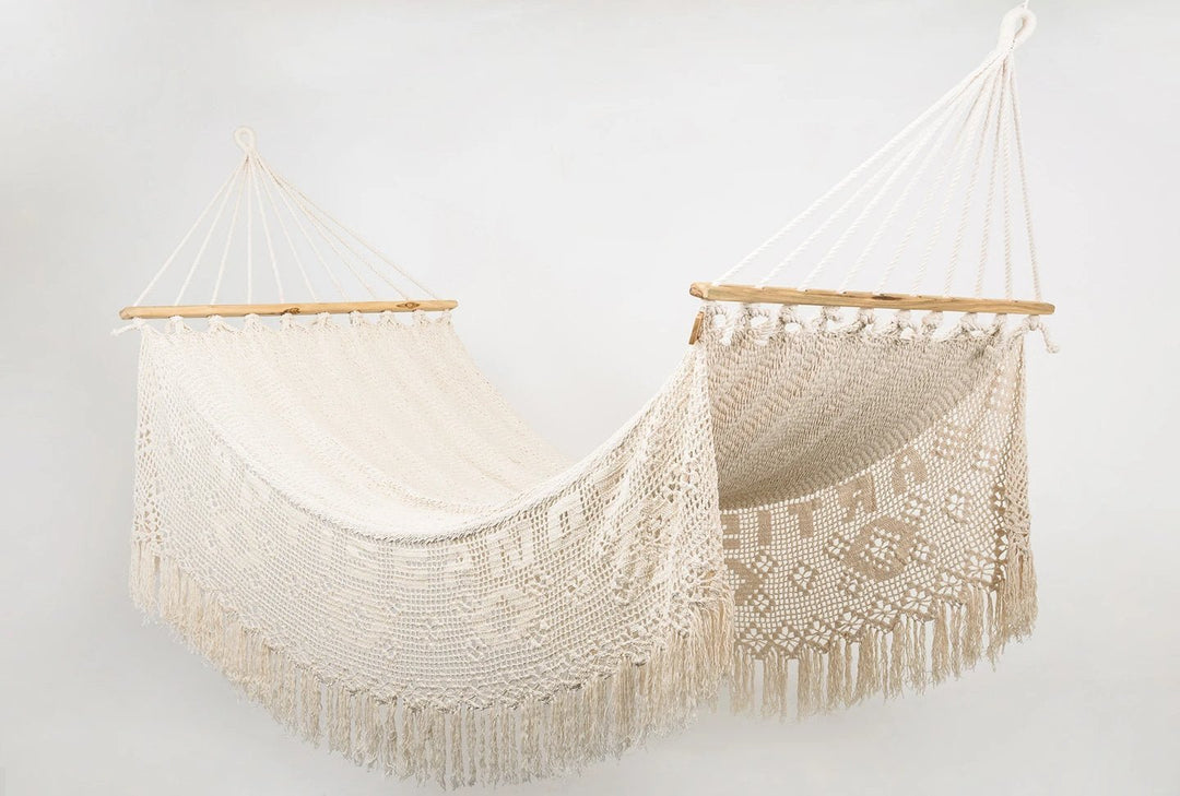 Personalized Boho Natural Cotton Hammock with Macrame Fringe (Wooden Bar) - Plain Tiger