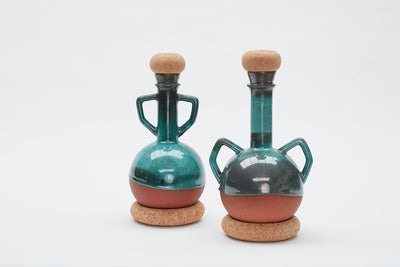 Round Terracotta Clay and Cork Vases, with Handles