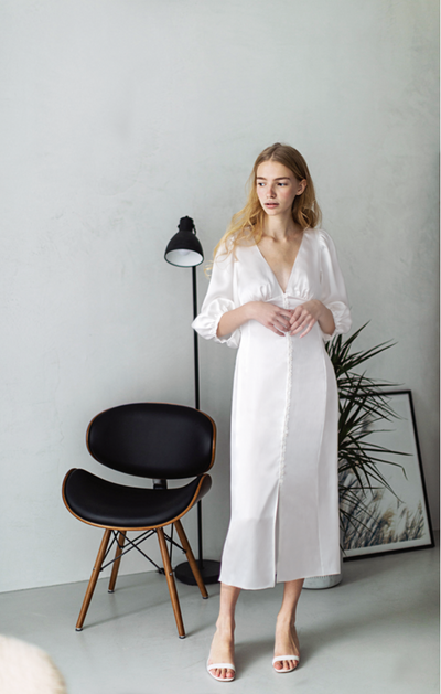 Midi Organic Peace Silk Dress with Voluminous Sleeves