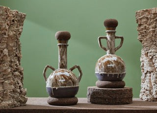 Round Black Clay and Cork Vases, with Handles