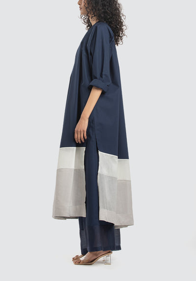 Panel Gather Neck Shirt Co-Ord | Navy