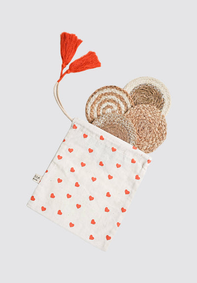 Natural Coaster Gift Set with Heart pouch