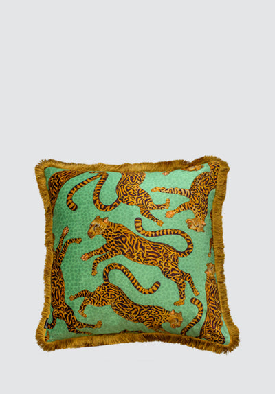 Cheetah Kings | Jade Velvet Cushion Cover with Fringe