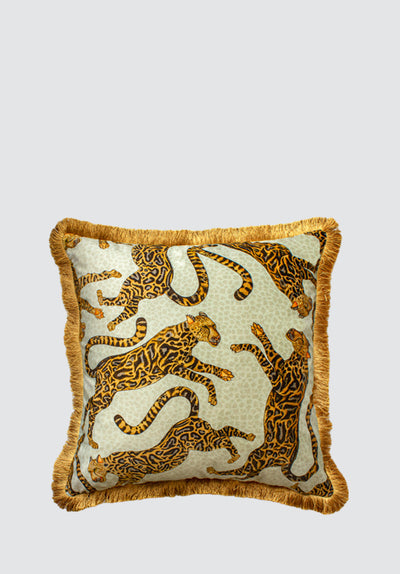 Cheetah Kings | Stone Velvet Cushion Cover with Fringe