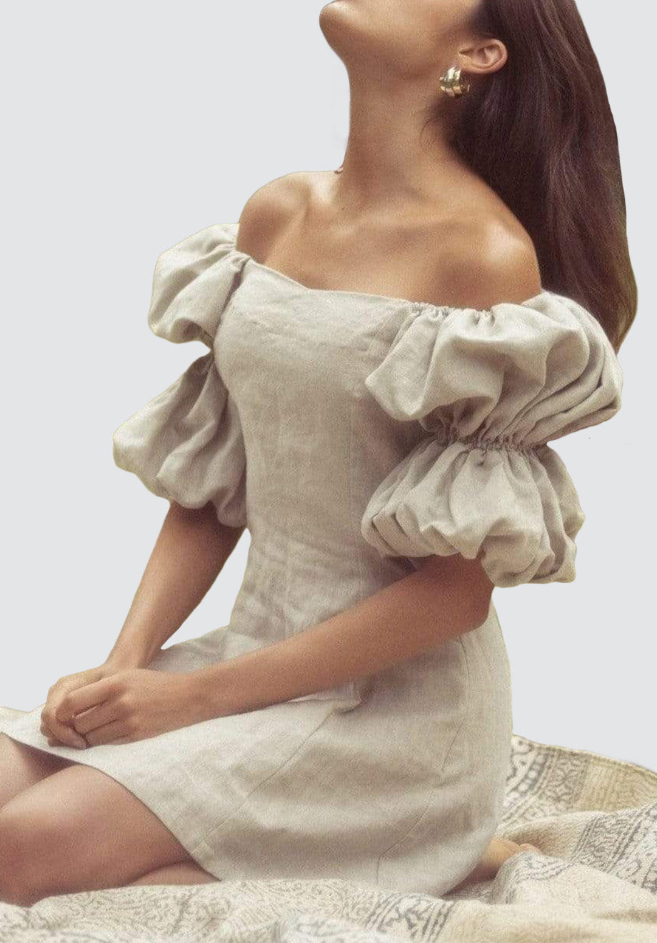 MAYA Linen Dress With Puff Sleeves | Beige
